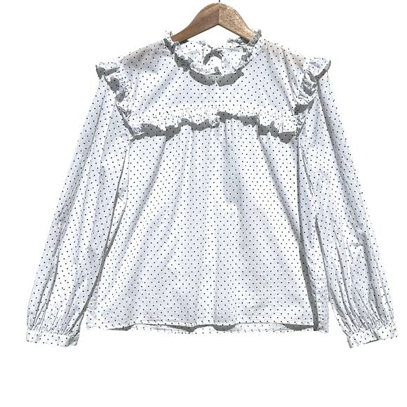 MADEWELL Women’s White Polka Dot Ruffle Neck Bow Tie Long sleeve Top - Picture 3 of 6